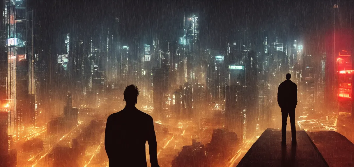 Image similar to shot of the alone man standing on the roof during rain, looks at impressive cyberpunk city at night during great storm, nightscape, futuristic architecture, realistic photo, neons, blade runner, akira style, cinematic lighting, cinematic angles