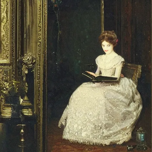 Image similar to young victorian lady in ball gown reading a book, painted by alfred stevens