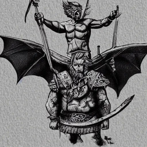 Prompt: viking riding dragons flies holding donald trump's severed head