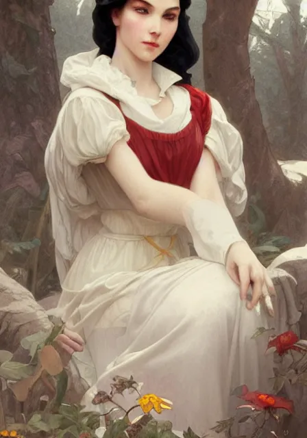 Prompt: snow white and hunter, intricate, elegant, highly detailed, digital painting, artstation, concept art, smooth, sharp focus, illustration, art by artgerm and greg rutkowski and alphonse mucha and william - adolphe bouguereau