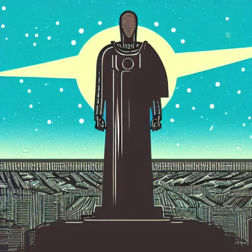 Image similar to detailed comic style illustration of robotic cyborg christ the redeemer statue, in front of a nuclear explosion, cyberpunk, retro-futurist, dark