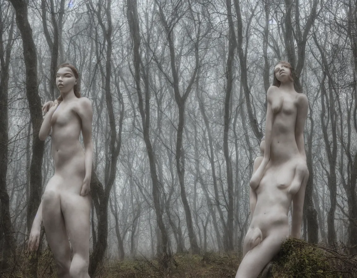 Image similar to hyper-realistic marble sculpture of r/anyataylorjoy, foggy forest at dawn, abandoned, gloomy, photography