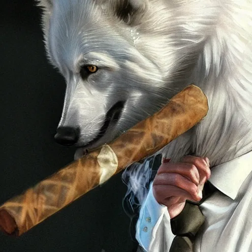 Prompt: a white wolf wearing a suit smoking a cigar, dramatic lighting, cinematic, establishing shot, extremly high detail, photorealistic, cinematic lighting, artstation, style by James Gurney,-n 9