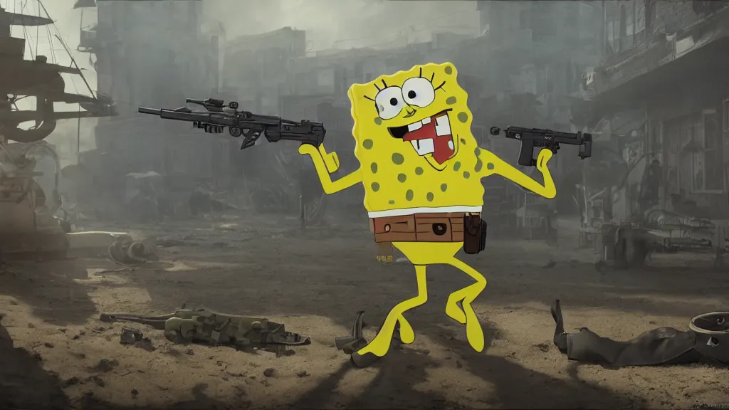 Prompt: spongebob squarepants as a navy seal, in a gun fight in an unknown city, wide shot, 3 d, hyperrealistic, rendered in octane, by yuumei, bayard wu, wlop, tim white, ross tran, 4 k