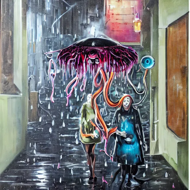 Prompt: a portrait in a dark laneway, a woman holding pancakes, streetlamps, wet, puddles, berries dripping, scientific instruments, ikebana, octopus, neo - expressionism, surrealism, acrylic and spray paint and oilstick on canvas