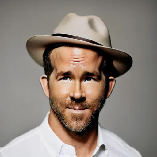 Image similar to studio photo of ryan reynolds wearing a fedora, professional photo, close up, studio lighting, high quality