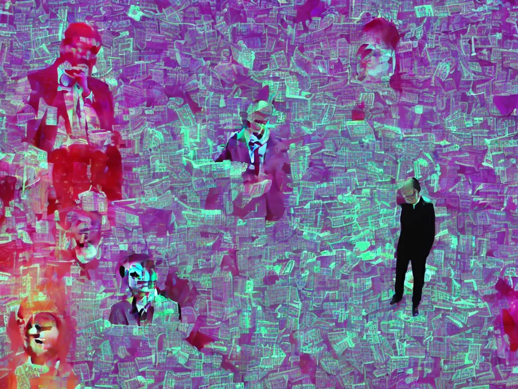 Prompt: vaporwave glitchy corrupt jpeg of corrupt officials with lots of money