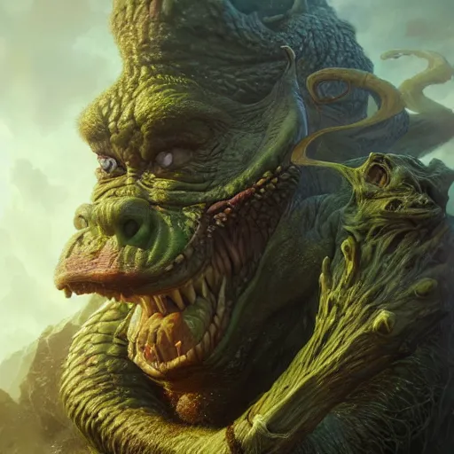 Image similar to a hyperrealistic illustration of a mix of an oger and giant and goblin, 8 k ultra realistic creature, detailed intricate, with fractal sunlight, award - winning, masterpiece, in the style of tom bagshaw, cedric peyravernay, peter mohrbacher