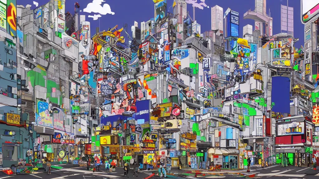 Image similar to y2k platform game, daytime, tokyo, robot, graffiti, city, cel shaded, jet set radio