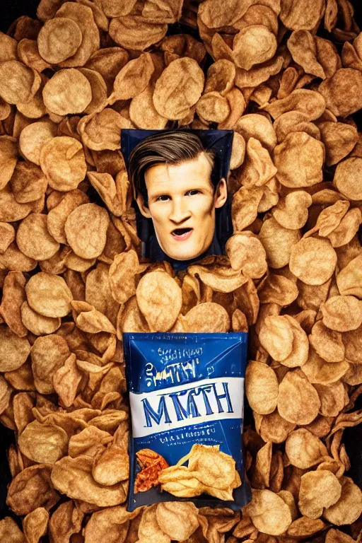 Image similar to 📷 matt smith the bag of smith's crisps, made of food, head portrait, dynamic lighting, 4 k