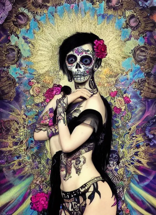Image similar to cute punk goth fashion fractal Día de los Muertos tattooed girl posing in goth outfit by David Lachapelle, psychedelic poster art of by Victor Moscoso Rick Griffin Alphonse Mucha Gustav Klimt Ayami Kojima Amano Charlie Bowater, masterpiece