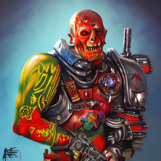Prompt: Bright, colorful, realistic Warhammer 40k individual full body and head shot gore covered with scars and tattoos screaming, backlighting, kodachrome, high contrast, highly detailed, sharp focus, digital painting, concept art, illustration, trending on artstation, comic book by Alex Ross cover art