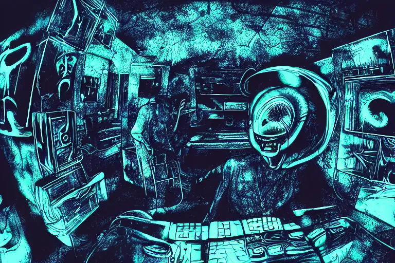 Prompt: alien monster using a computer to check their email, submerged in translucent goo, over the shoulder perspective, in 1 9 8 5, y 2 k cybercore, industrial low - light photography, in the style of tyler mitchell