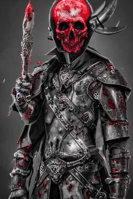 Image similar to the grim - hatter wears the scarlet skull armor and blood crown, cinematic lighting, various refining methods, micro macro autofocus, ultra definition, award winning photo