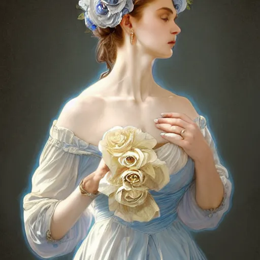 Prompt: woman dressed in a vaporous wrapped large victorian cream roses silk semi-transparent blue and cream dress fashion is running D&D, fantasy, intricate, elegant, highly detailed, digital painting, artstation, concept art, matte, sharp focus, illustration, art by Artgerm and Greg Rutkowski and Alphonse Mucha
