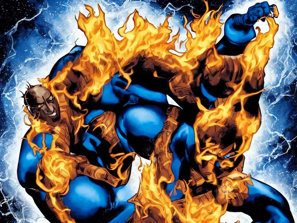 Image similar to dark skinned Johnny Storm young male superhero of the fantastic four, full body, flaming dreadlock hair, blue uniform with the number 4 on the chest in a round logo, cinematic, high detail, no imperfections, extreme realism, high detail, extremely symmetric facial features, no distortion, clean, also evil villians fighting in the background, by Stan Lee