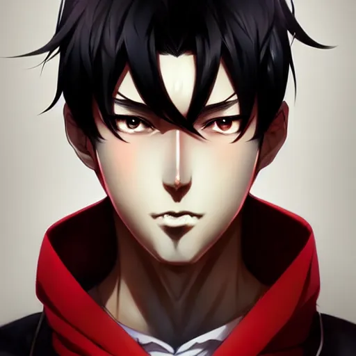 Image similar to anime portrait of a slick black hair guy with red eyes by stanley artgerm lau, wlop, rossdraws, james jean, andrei riabovitchev, marc simonetti, and sakimichan, trending on artstation