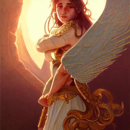 Image similar to An illustrationof a portrait of a young Knights of Zodiac girl, wings, fighting at ancinet Agora of Athens, ruins, Golden Light, illustration, art by artgerm and greg rutkowski and alphonse mucha, volumetric light, lightrays, smoke, cinematic, intricate, hypermaximalist, super detailed