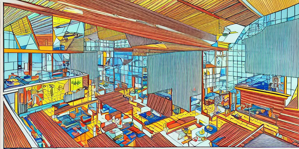 Prompt: modernist interior, seen from above, by René Laloux, line brush, full colour, coloured background