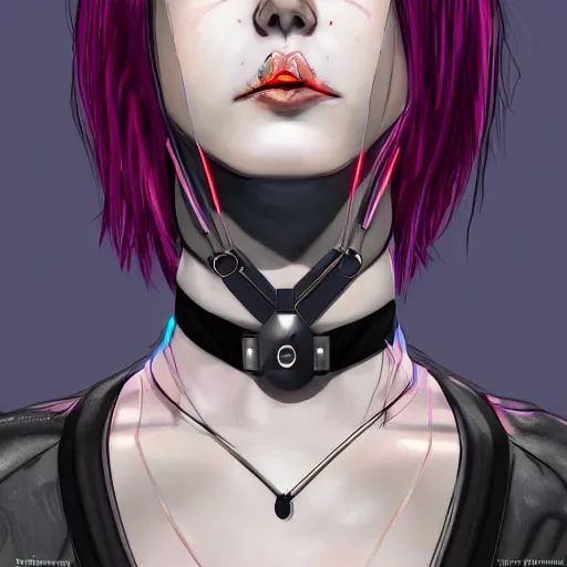 Prompt: female character cyberpunk wearing technological collar around neck, realistic, art, beautiful, 4K, collar, choker, collar around neck, punk, artstation, detailed, female, woman, choker, dark,