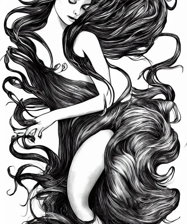 Prompt: black and white illustration, creative design, dark fantasy, beautiful mermaid with flowing hair