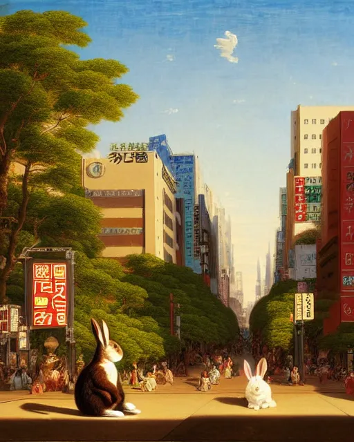 Image similar to a rabbit bear, sitting in tokyo, unique, sunny day, busy street, art by thomas cole