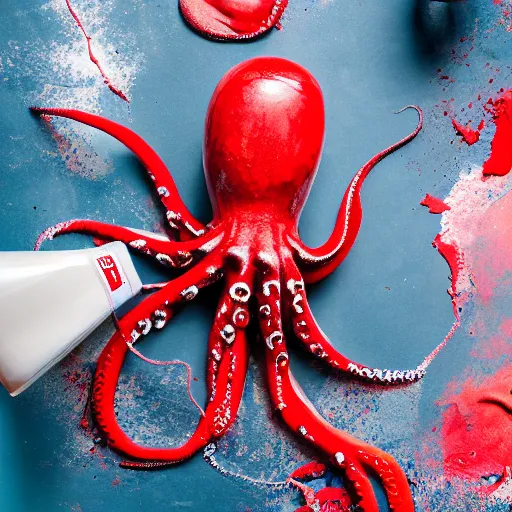 Image similar to a clean studio photography set, there is a bucket of red paint and it has just viciously exploded, there is paint EVERYWHERE, even on the octopus, incredible beautiful ambient light