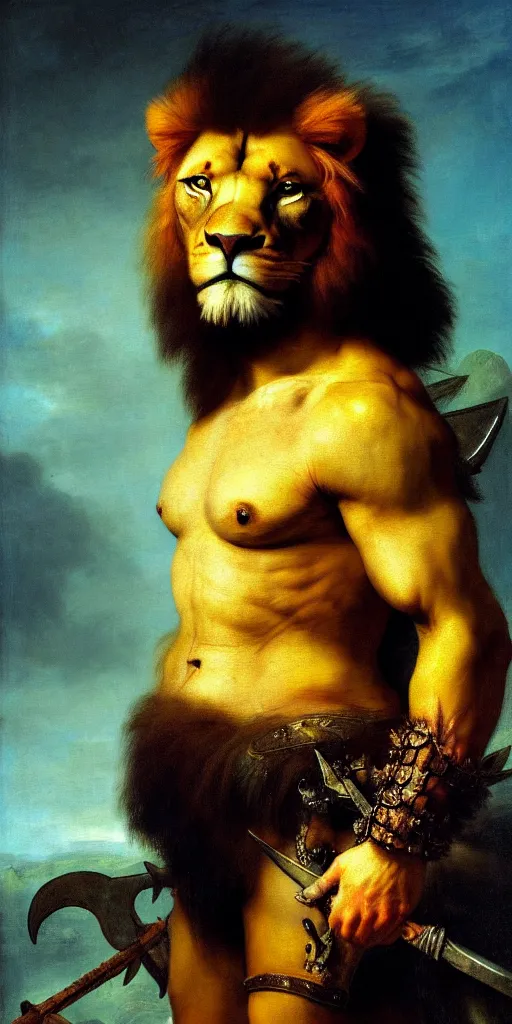 Prompt: close up of muscular lion barbarian shark hunter full body in portrait pose, sun rays , small bird sihouettes in cyan background , very textured detailed oil painting by rembrandt , hard backlight , in dark cave