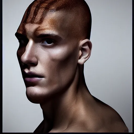 Image similar to a portrait of a beautiful athletic young male centaurus with ombre color skin , photographed by erwin olaf, artistic