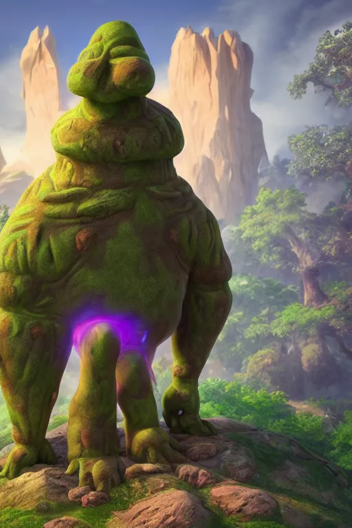 Image similar to arcane fantasy art giant golem elemental wood rock bastion forged gemstone enchanted forest troll, global illumination ray tracing hdr fanart arstation by sung choi and eric pfeiffer and gabriel garza and casper konefal lisa frank zbrush central hardmesh radiating a glowing aura