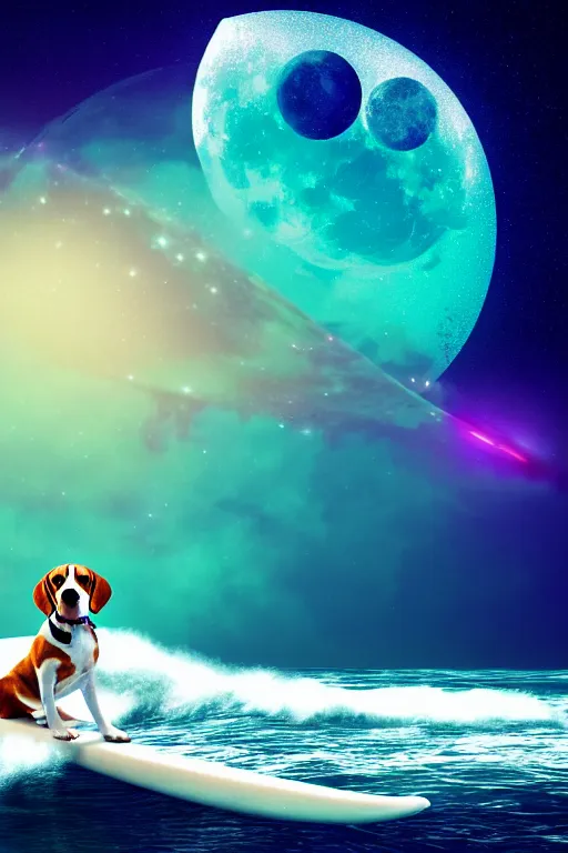 Image similar to beagle dog surfing a surfboard on a sparkly crashing wave of stardust in space, background is a moon in nebula, octane render, unreal engine, wide view, 8 k, highdetaild