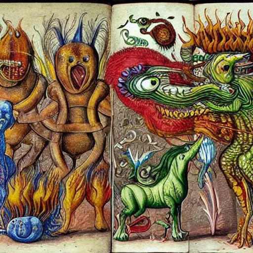 Image similar to medieval bestiary of repressed emotion monsters and creatures starting a fiery revolution in the psyche, in the style of COdex Seraphinianus