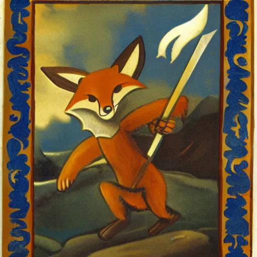 Image similar to anthropomorphic fox who is a medieval knight holding a sword towards a stormy thundercloud, 1930s film
