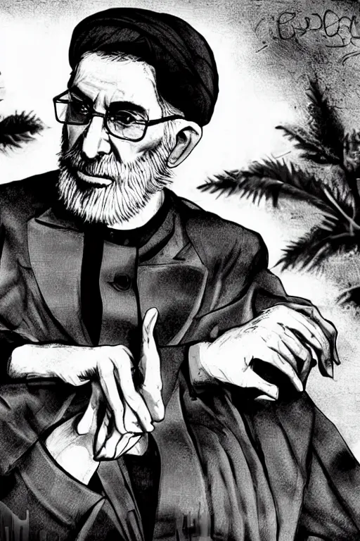 Prompt: khamenei, with quotes : destroy destroy america, pointing index finger, delete duplicating content, delete disable content and fix it, hyperrealistic anatomy content, violet polsangi pop art, gta chinatown wars art style, extreme quality masterpiece, bioshock infinite art style, incrinate, 2 color, white frame, content balance proportion