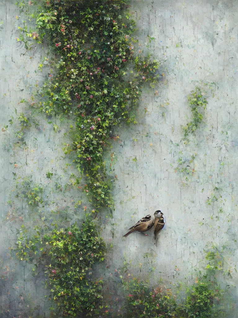 Image similar to abstract wall, hyperrealistic sparrows, impressionist greenery, sea visible through the cracks in the paint. By Gregory Mortenson, Alyssa Monks, Stephen Bauman, Conor Walton, Casey Baugh, Jeremy Lipking, Adam Miller, Mario Robinson. oil on canvas.