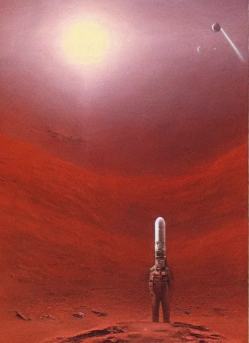 Image similar to A painting in a style of Beksinski featuring Elon Musk on mars. There is a rocket in the sky. Very detailed, symmetry