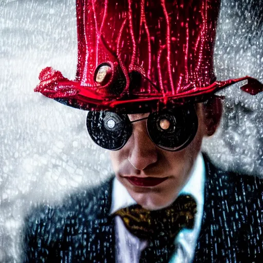 Image similar to cinestill 5 0 d candid photographic portrait by david cronenberg of baroque steampunk cyborg gentleman wearing a red edwardian suit and top hat, floral growths, modern cyberpunk moody emotional cinematic, closeup, pouring rain menacing lights shadows, 8 k, hd, high resolution, 3 5 mm, f / 3 2, ultra realistic faces, ex machina