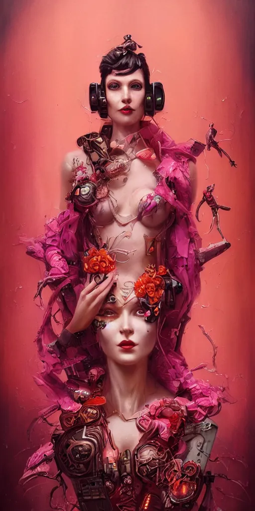 Image similar to a beautiful hyperrealistic portrait pose of a stunning Cyberpunk burlesque model in a pink-and-orange dress, intricate, elegant, highly detailed, smooth, sharp focus, award-winning, masterpiece, in the style of Tom Bagshaw, Cedric Peyravernay, Peter Mohrbacher