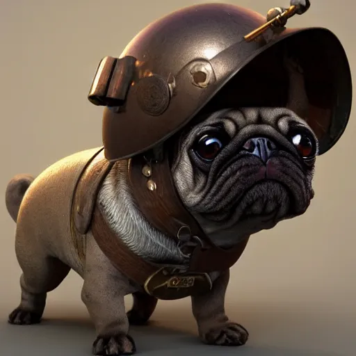 Prompt: high detailed soft 3 d render of a little pug dog with a first world war german helmet on top of a bazooka, very detailed, 3 d, trending on artstation