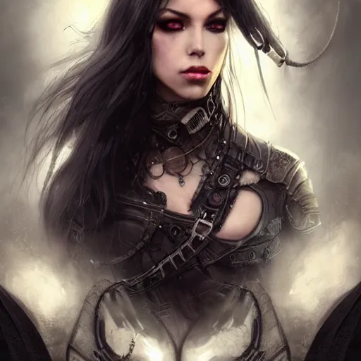 Prompt: aaliyah and kerli koiv, steampunk, darkwave, darksynth, concept headshot art, sharp, digital matte painting, art by luis royo, greg rutkowski, wlop, dramatic lighting, trending on artstation