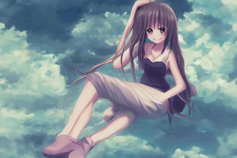 Image similar to a cute anime girl sitting on a cloud, digital painting, anime, portrait