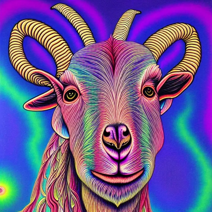 Image similar to psychedelic goats, by alex grey, intricate details, artstation, furry, beautiful