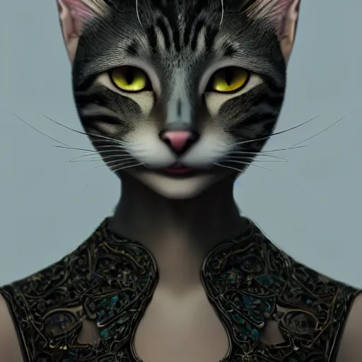 Image similar to Perfectly-Centered Portrait of a Female Humanoid Cat wearing a dress, intricate, elegant, super highly detailed, professional digital painting, artstation, concept art, smooth, sharp focus, no blur, no dof, extreme illustration, Unreal Engine 5, Photorealism, HD quality, 8k resolution, cinema 4d, 3D, beautiful, cinematic, art by artgerm and greg rutkowski and alphonse mucha and loish and WLOP