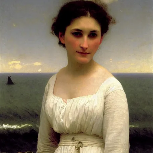 Image similar to A portrait of a woman in a long white dress in front of an ocean with overcast skies, backlit, painting by William-Adolph Bouguereau