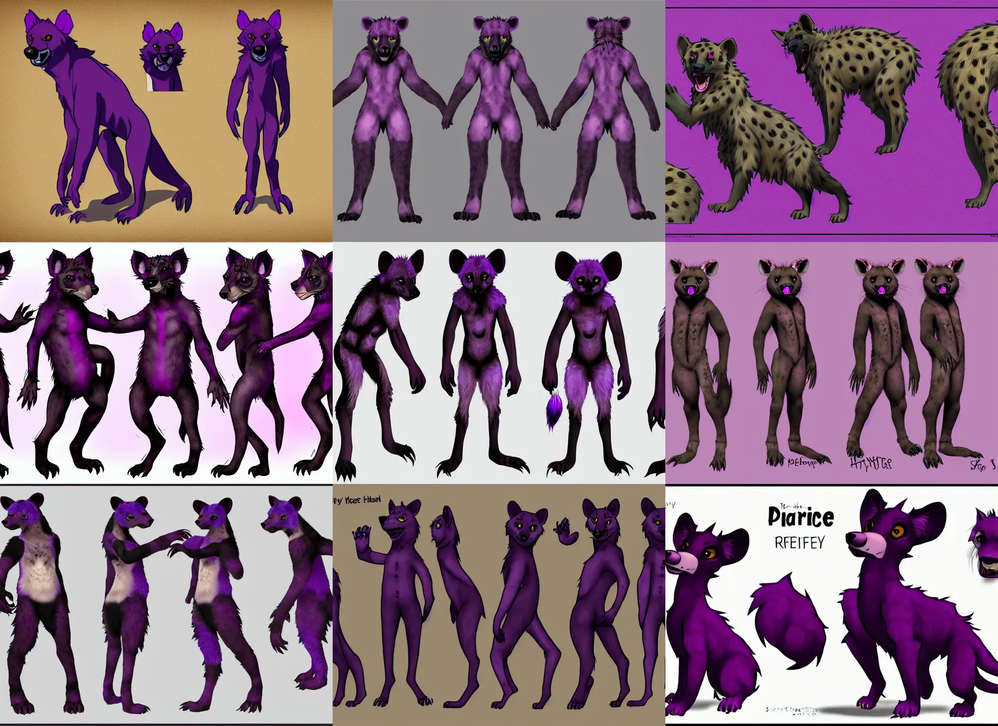 Prompt: three - perspective furry reference sheet ( front / back / side ), hyena fursona, purple and black color scheme, themed after wine, high - resolution, trending on weasyl