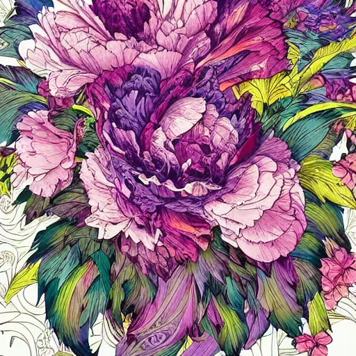 Prompt: cascading ink and watercolour peonies in vibrant colours by dan mumford and mike mignola and maethawee chiraphong and hiroo isono ornate, intricate, detailed, swirls, ultra fine detail, trending on artstation, golden ratio, smooth gradients, intricate ink designs