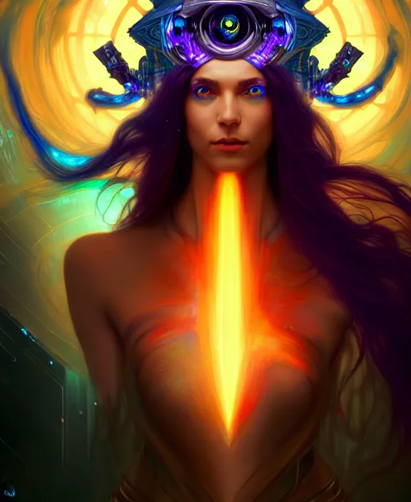 Image similar to a whirlwind of souls rushing inside the metaverse, half body, glowin eyes, tiara with sapphire, pharaoh, android, cyberpunk, d & d, fantasy, intricate, elegant, highly detailed, colorful, vivid color, digital painting, artstation, concept art, art by artgerm and greg rutkowski and alphonse mucha and ruan jia