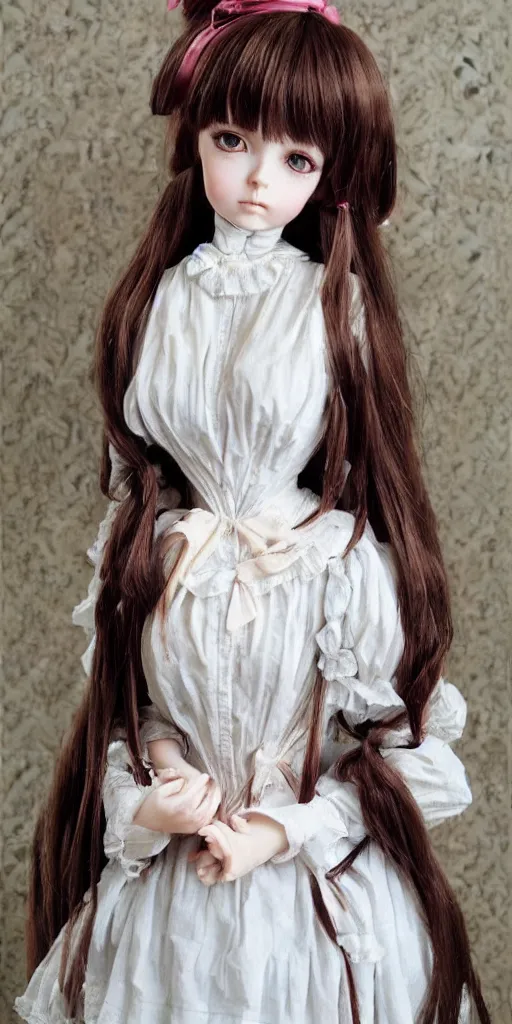 Prompt: Realistic anime doll girl in victorian suit, full lenght