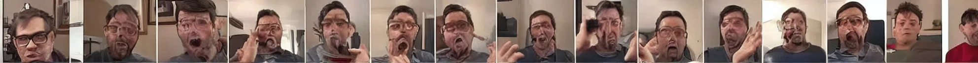 Image similar to 8 progressing consistent frames from a video of a man talking while a fire is behind him