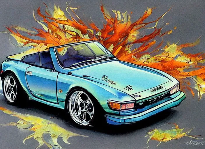 Image similar to beautiful yoshitaka amano art of a datsun fairlady roadster detailed painting